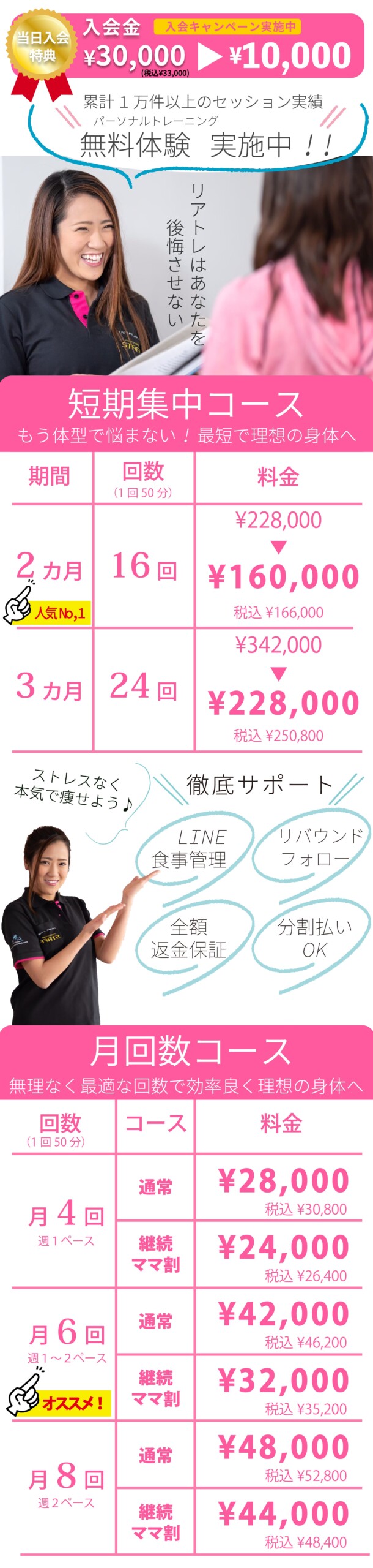 豊田市 パーソナルジムリア料金、短期集中コース全額返金保証付き。月コース、4回、6回、８回からライフスタイルに合わせて通っていただける