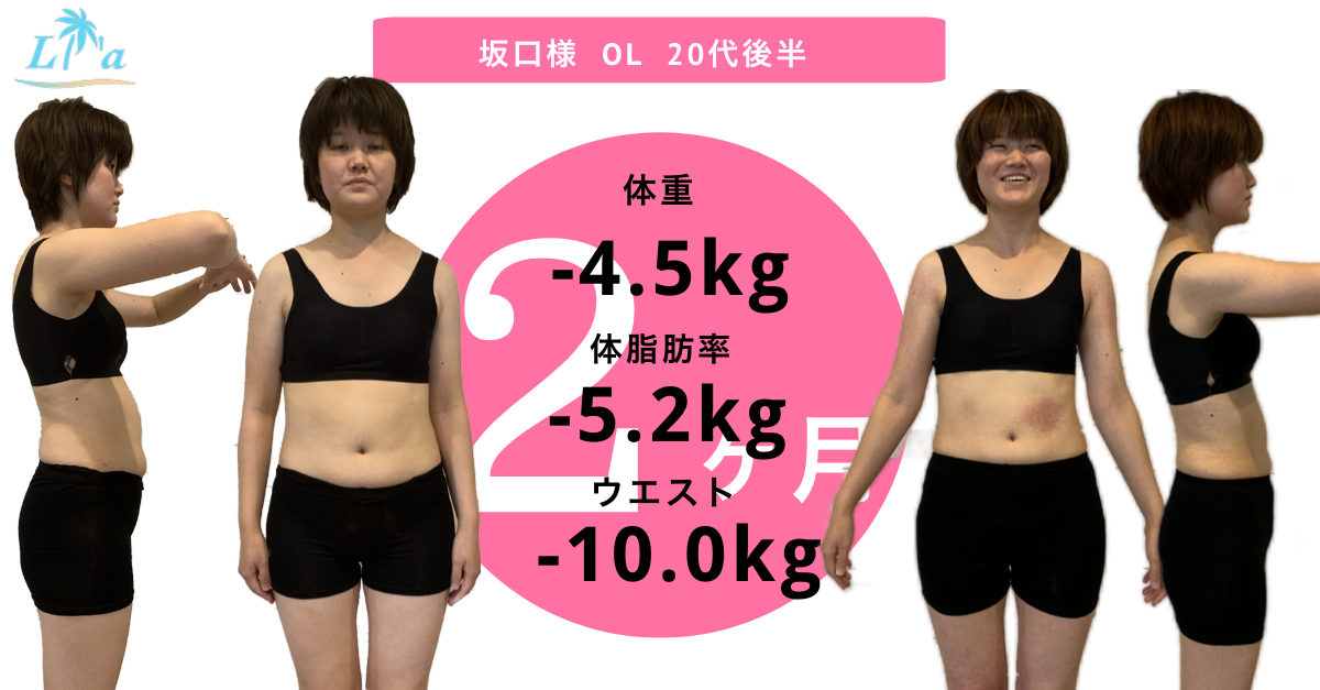 坂口様　OL ２０代後半　体重-4.5kg 体脂肪率-5.2% ウエスト-10kg 女性の比較写真