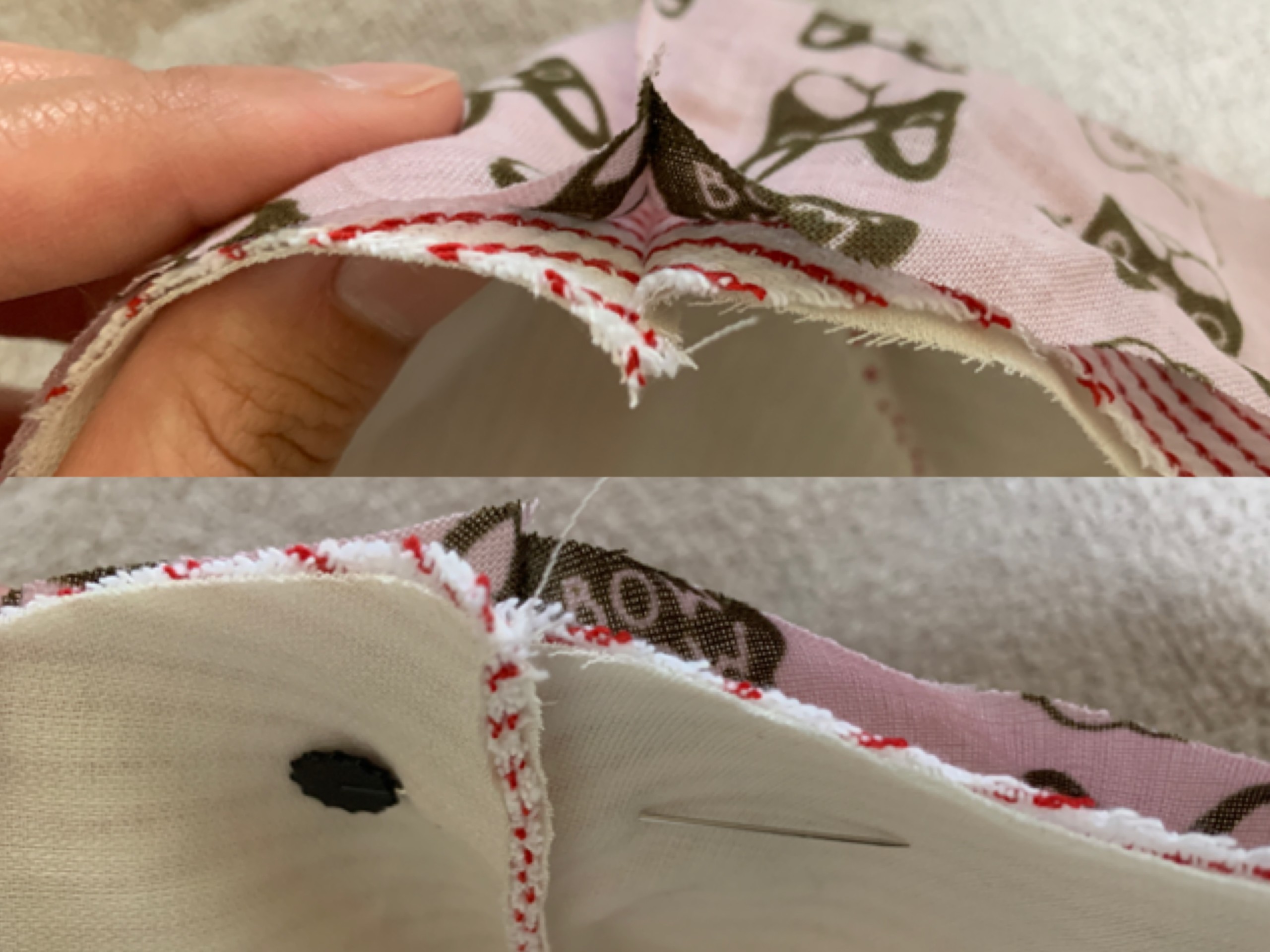 マスクの形の布の裏表を縫うためにまち針で固定している写真